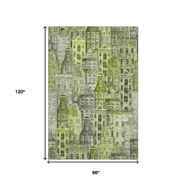 HomeRoots 8' X 10' Stylish Green Gray Ivory Abstract Washable Area Rug - Durable, UV Protected, Easy Care! 650876