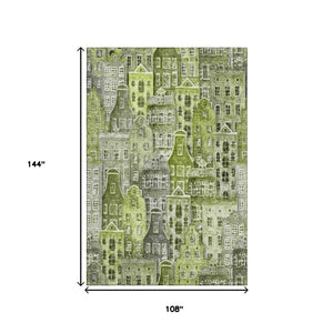 HomeRoots 9' X 12' Modern Abstract Geometric Area Rug in Green, Gray, Ivory - Washable & UV-Protected Design 650877
