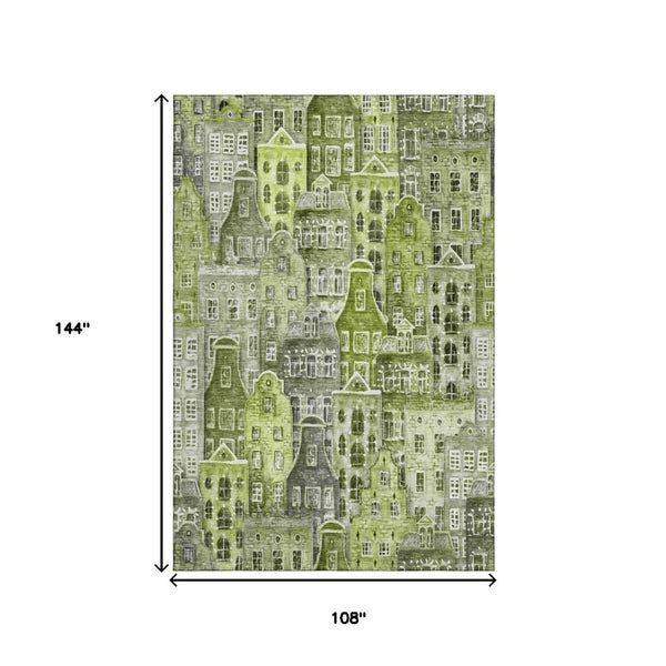 HomeRoots 9' X 12' Modern Abstract Geometric Area Rug in Green, Gray, Ivory - Washable & UV-Protected Design 650877