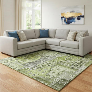 HomeRoots 9' X 12' Modern Abstract Geometric Area Rug in Green, Gray, Ivory - Washable & UV-Protected Design 650877