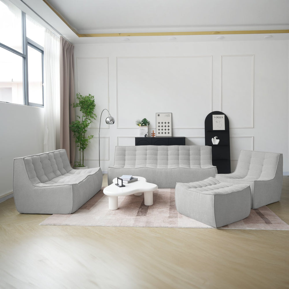 English Elm Caterpillar Minimalist Waffle 7-Seater Floor Sofa Set – Light Gray Chenille Linen, High-Density Foam Comfort B341S00039