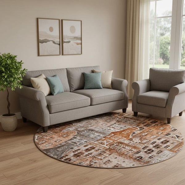 HomeRoots 8' Chili Red, Gray & Ivory Abstract Washable Round Rug - UV-Protected, Durable & Stylish Design 650881