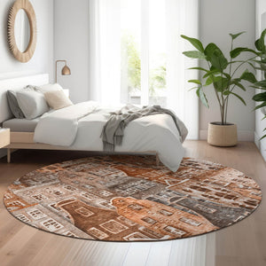 HomeRoots 8' Chili Red, Gray & Ivory Abstract Washable Round Rug - UV-Protected, Durable & Stylish Design 650881