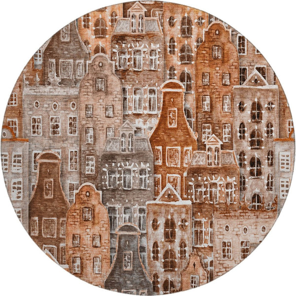 HomeRoots 8' Chili Red, Gray & Ivory Abstract Washable Round Rug - UV-Protected, Durable & Stylish Design 650881