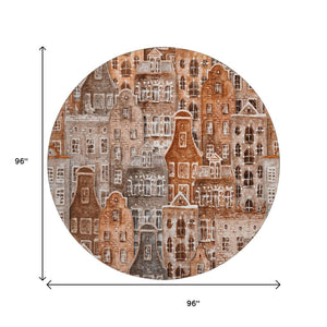 HomeRoots 8' Chili Red, Gray & Ivory Abstract Washable Round Rug - UV-Protected, Durable & Stylish Design 650881