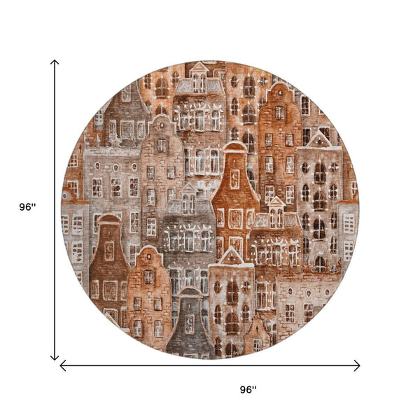 HomeRoots 8' Chili Red, Gray & Ivory Abstract Washable Round Rug - UV-Protected, Durable & Stylish Design 650881