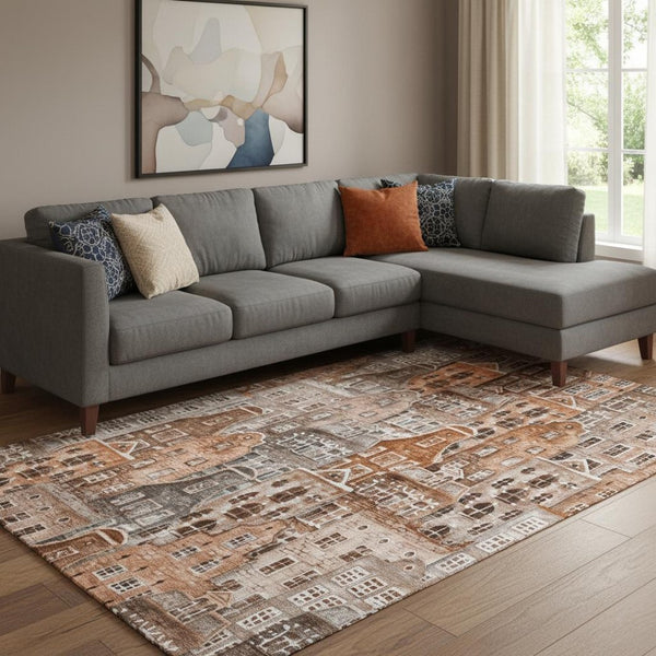 HomeRoots 9' X 12' Chili Red, Gray, and Ivory Abstract Geometric Area Rug - Washable, UV Protected, Stylish! 650883