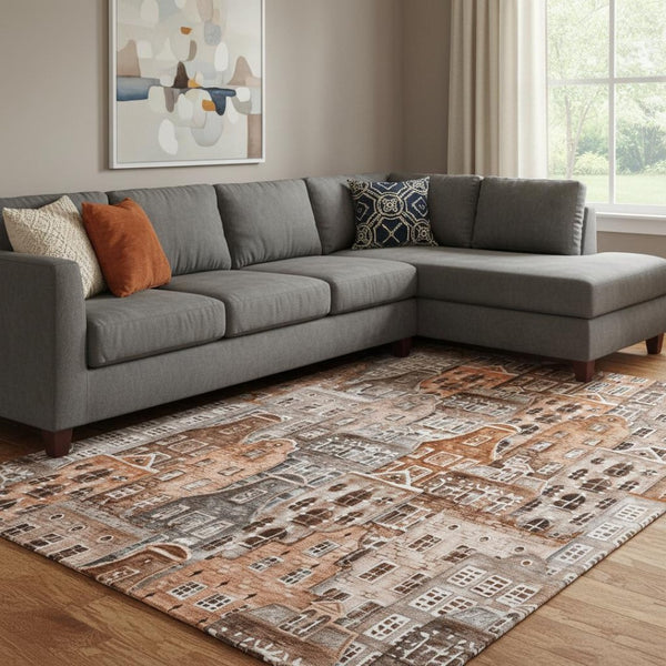HomeRoots 10' Chili Red, Gray & Ivory Abstract Geometric Area Rug - Washable, UV Protected & Stain Resistant! 650884
