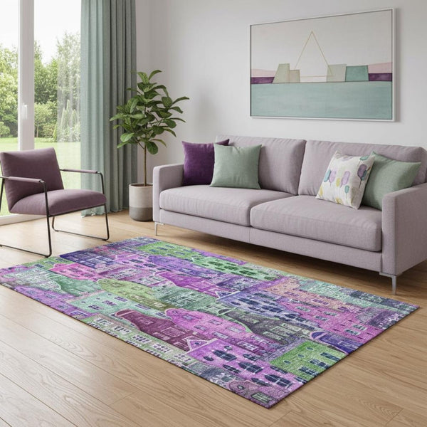 HomeRoots 5' X 8' Washable Abstract Geometric Area Rug in Vibrant Purple, Green & Pink with UV Protection 650886