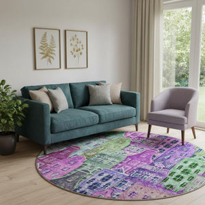 HomeRoots 8' Vibrant Purple, Green & Pink Abstract Round Rug - Washable, UV-Protected, Stain-Resistant Design! 650887