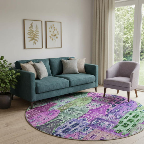 HomeRoots 8' Vibrant Purple, Green & Pink Abstract Round Rug - Washable, UV-Protected, Stain-Resistant Design! 650887