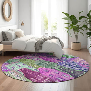 HomeRoots 8' Vibrant Purple, Green & Pink Abstract Round Rug - Washable, UV-Protected, Stain-Resistant Design! 650887