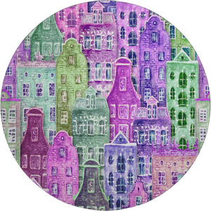 HomeRoots 8' Vibrant Purple, Green & Pink Abstract Round Rug - Washable, UV-Protected, Stain-Resistant Design! 650887