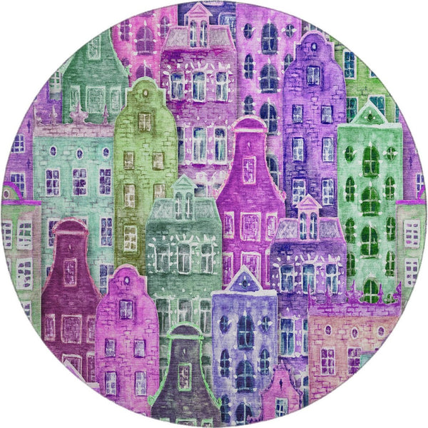 HomeRoots 8' Vibrant Purple, Green & Pink Abstract Round Rug - Washable, UV-Protected, Stain-Resistant Design! 650887