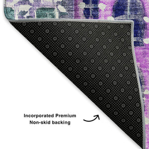 HomeRoots 8' Vibrant Purple, Green & Pink Abstract Round Rug - Washable, UV-Protected, Stain-Resistant Design! 650887