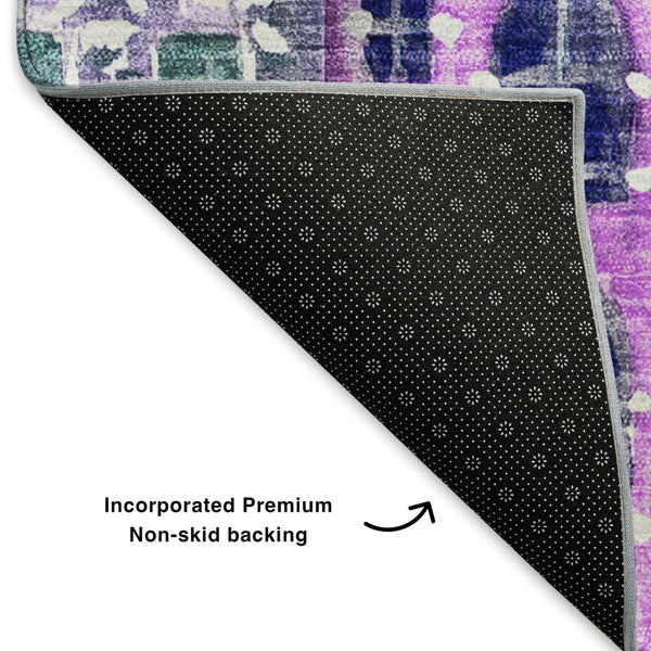 HomeRoots 8' Vibrant Purple, Green & Pink Abstract Round Rug - Washable, UV-Protected, Stain-Resistant Design! 650887