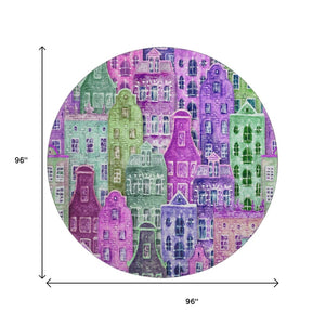 HomeRoots 8' Vibrant Purple, Green & Pink Abstract Round Rug - Washable, UV-Protected, Stain-Resistant Design! 650887