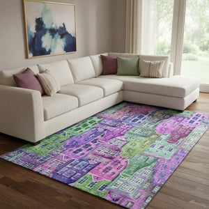 HomeRoots 8' X 10' Vibrant Purple, Green & Pink Abstract Geometric Area Rug - Washable & UV Protected Comfort 650888