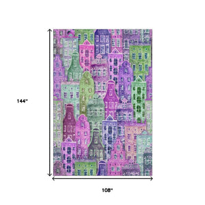 HomeRoots 9' X 12' Abstract Geometric Area Rug in Bold Purple, Green & Pink - Washable, UV-Protected Design! 650889