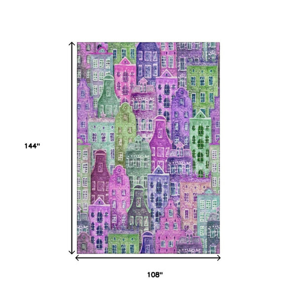 HomeRoots 9' X 12' Abstract Geometric Area Rug in Bold Purple, Green & Pink - Washable, UV-Protected Design! 650889