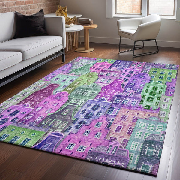 HomeRoots 9' X 12' Abstract Geometric Area Rug in Bold Purple, Green & Pink - Washable, UV-Protected Design! 650889