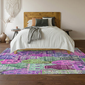 HomeRoots 9' X 12' Abstract Geometric Area Rug in Bold Purple, Green & Pink - Washable, UV-Protected Design! 650889