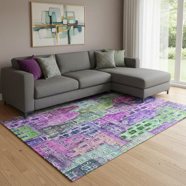 HomeRoots 9' X 12' Abstract Geometric Area Rug in Bold Purple, Green & Pink - Washable, UV-Protected Design! 650889