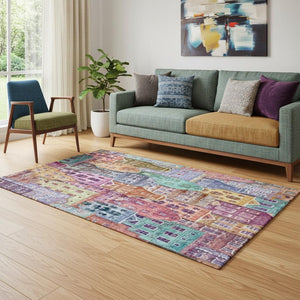 HomeRoots 5' X 8' Abstract Geometric Area Rug in Red, Blue & Lavender - Washable, UV-Protected & Stylish! 650892