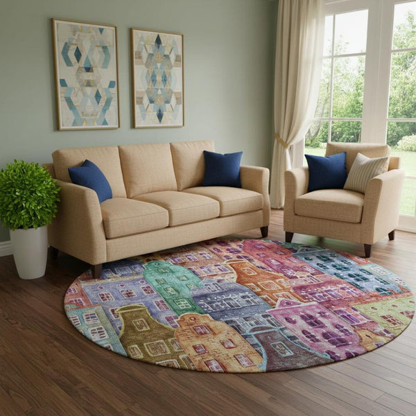 HomeRoots 8' Vibrant Abstract Geometric Round Rug - Washable, UV-Protected, Ideal for Living Rooms & Patios 650893
