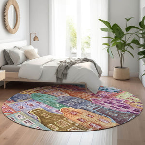 HomeRoots 8' Vibrant Abstract Geometric Round Rug - Washable, UV-Protected, Ideal for Living Rooms & Patios 650893