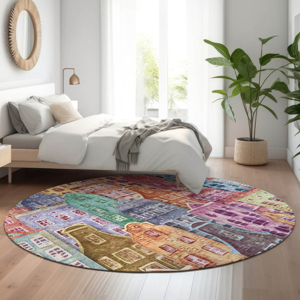HomeRoots 8' Vibrant Abstract Geometric Round Rug - Washable, UV-Protected, Ideal for Living Rooms & Patios 650893