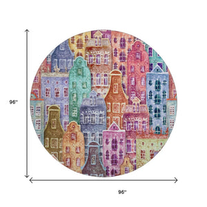 HomeRoots 8' Vibrant Abstract Geometric Round Rug - Washable, UV-Protected, Ideal for Living Rooms & Patios 650893
