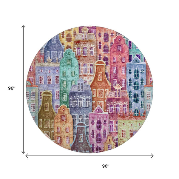 HomeRoots 8' Vibrant Abstract Geometric Round Rug - Washable, UV-Protected, Ideal for Living Rooms & Patios 650893