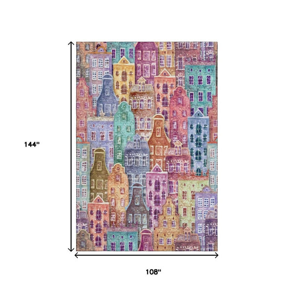 HomeRoots 9' X 12' Abstract Geometric Area Rug in Red, Blue, Lavender – Washable, UV-Protected & Stain-Resistant 650895