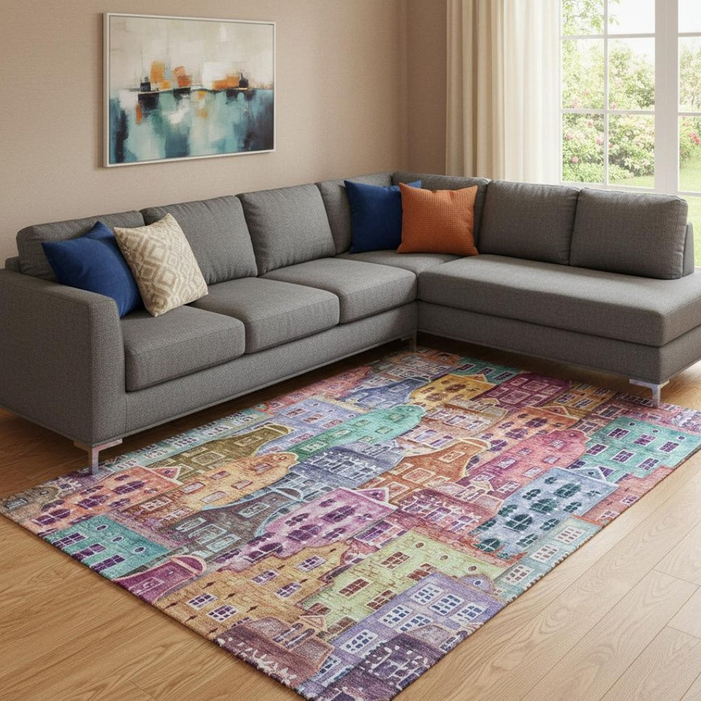 HomeRoots 9' X 12' Abstract Geometric Area Rug in Red, Blue, Lavender – Washable, UV-Protected & Stain-Resistant 650895