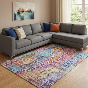 HomeRoots 9' X 12' Abstract Geometric Area Rug in Red, Blue, Lavender – Washable, UV-Protected & Stain-Resistant 650895