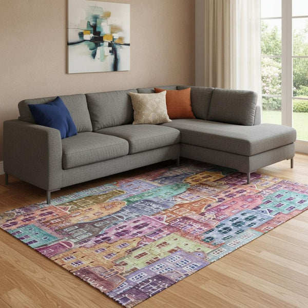 HomeRoots 10' Abstract Geometric Area Rug in Red, Blue & Lavender - Washable, UV-Protected & Kid-Friendly! 650896