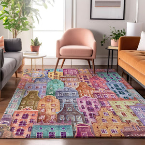 HomeRoots 10' Abstract Geometric Area Rug in Red, Blue & Lavender - Washable, UV-Protected & Kid-Friendly! 650896