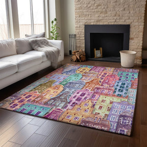 HomeRoots 10' Abstract Geometric Area Rug in Red, Blue & Lavender - Washable, UV-Protected & Kid-Friendly! 650896