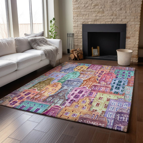 HomeRoots 10' Abstract Geometric Area Rug in Red, Blue & Lavender - Washable, UV-Protected & Kid-Friendly! 650896