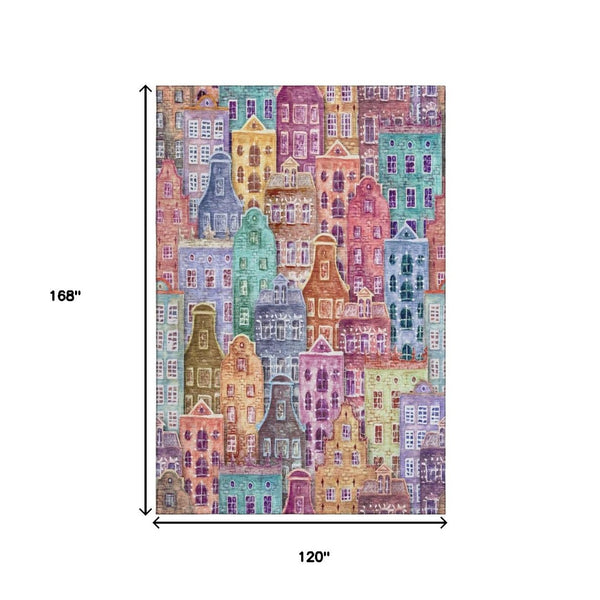 HomeRoots 10' Abstract Geometric Area Rug in Red, Blue & Lavender - Washable, UV-Protected & Kid-Friendly! 650896