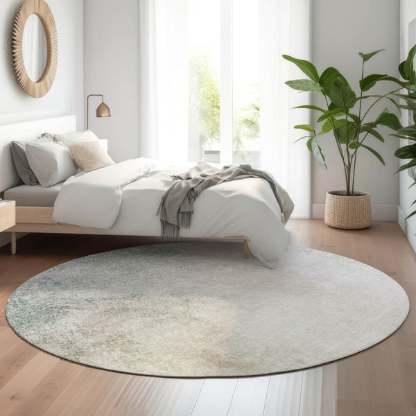 HomeRoots 8' Beige and Ivory Abstract Round Washable Rug with UV Protection for Modern High-Traffic Spaces 650899