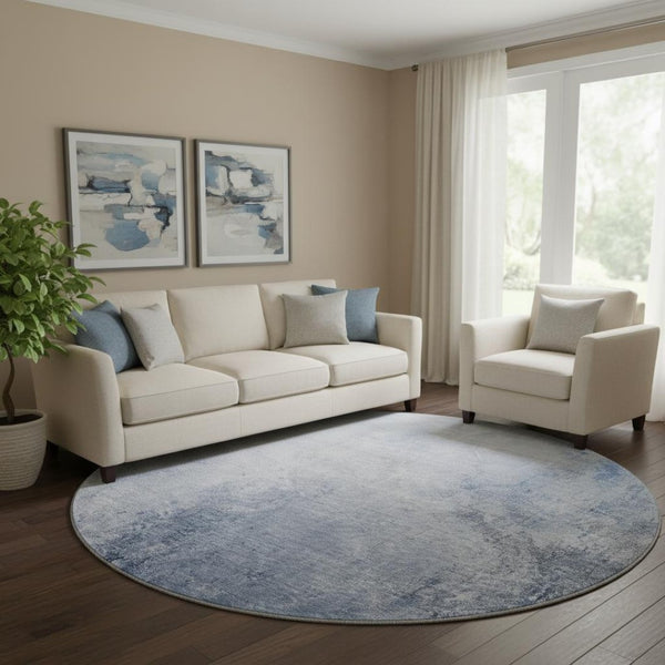 HomeRoots 8' Blue And Ivory Abstract Round Rug - Washable, UV Resistant, Stain-Proof for Modern Homes 650905