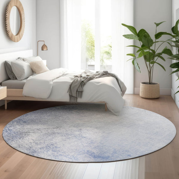 HomeRoots 8' Blue And Ivory Abstract Round Rug - Washable, UV Resistant, Stain-Proof for Modern Homes 650905