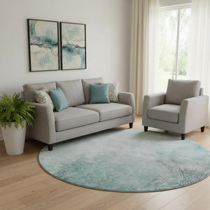 HomeRoots 8' Teal And Ivory Abstract Round Rug – Washable, UV-Protected, Stylish & Durable for Active Homes! 650911