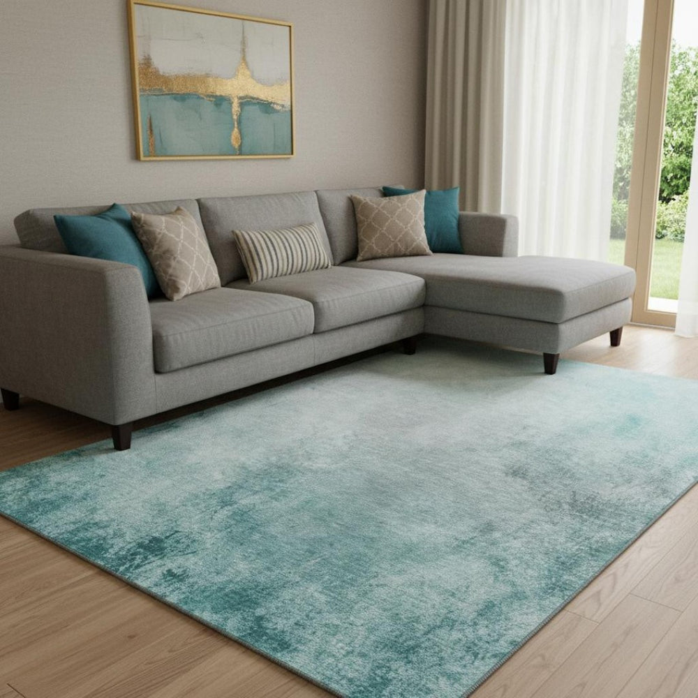 HomeRoots 8' X 10' Teal & Ivory Abstract Area Rug - Washable, UV Protected, Durable for Homes with Kids & Pets 650912