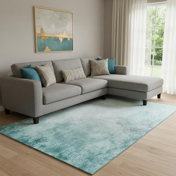 HomeRoots 9' X 12' Teal And Ivory Abstract Area Rug | Washable, UV Protected, Durable & Stylish for Homes 650913