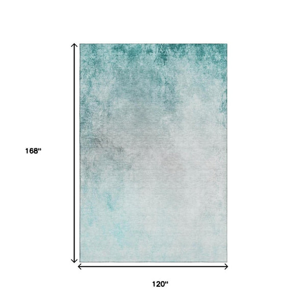 HomeRoots 10' X 14' Teal and Ivory Abstract Area Rug - Washable, UV-Protected, Stain-Resistant for Modern Spaces 650914