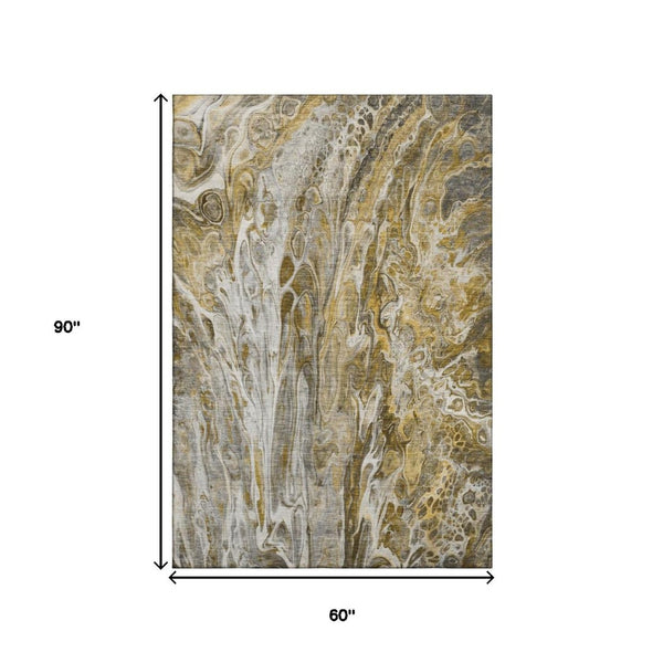 HomeRoots 5' Abstract Washable Area Rug in Brown, Gray & Ivory - Stain Resistant, UV Protected, Durable Design 650922