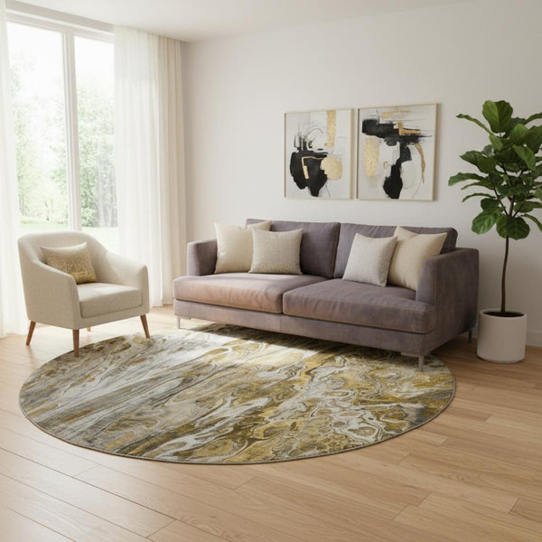 HomeRoots 8' Abstract Round Rug in Brown, Gray & Ivory - Washable, UV-Resistant, Durable for Homes with Kids & Pets 650923